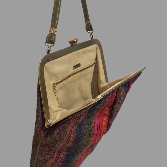 Vintage ROGER VAN S. Frame Kiss Lock Boho Paisley Print Handbag, Leather Handle - Picture 4 of 11